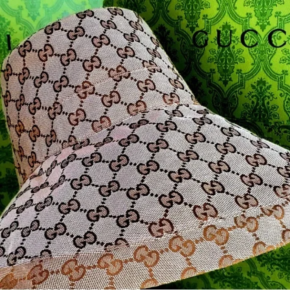 Gucci Bucket Hat GG Monogram Beige Wide Large Brim Jacquard Canvas Denim New - Picture 2 of 8